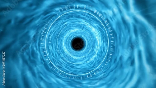 Abstract Blue Energy Vortex with Central Black Hole Swirling Light and Hypnotic Motion