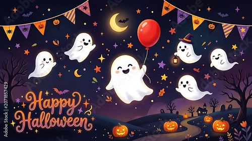 Cute cartoon ghosts celebrating happy halloween party illustration