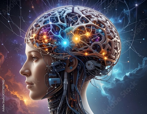 3d rendering of human head with brain and circuit board on space background