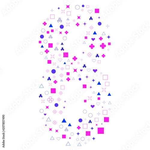 Abstract pattern with colorful geometric shapes and small icons in pink and blue colors