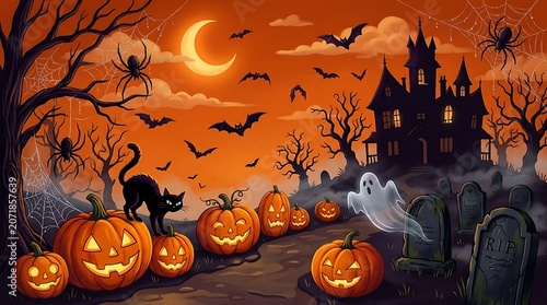 Spooky Halloween night scene with pumpkins and haunted house illustration