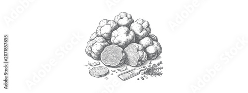 Quadro su tela White Truffles Line Art Drawing with Slicer – Gourmet Vintage Culinary Illustrat
