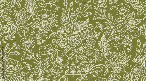 Photos Hand drawn pattern adorns a beautiful vintage green floral wallpaper design