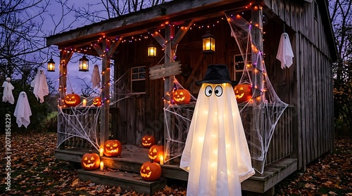 Spooky ghost decoration at a house decorated for Halloween illustration