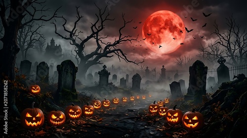 Scary Halloween pumpkins in a dark graveyard with red moon illustration