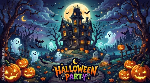 Spooky Halloween party background with haunted house and ghosts illustration