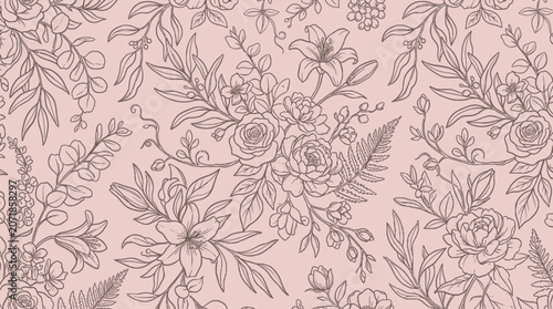 Photos Hand drawn pattern of flowers and leaves on a pink background with botanical ill