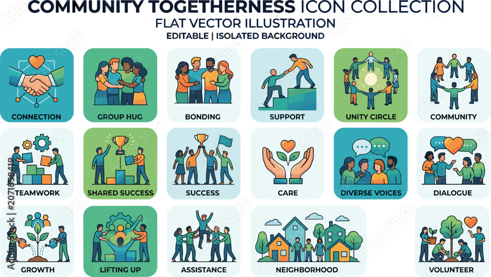 Fototapeta premium Community Togetherness Icon Collection – Flat Vector Illustration
