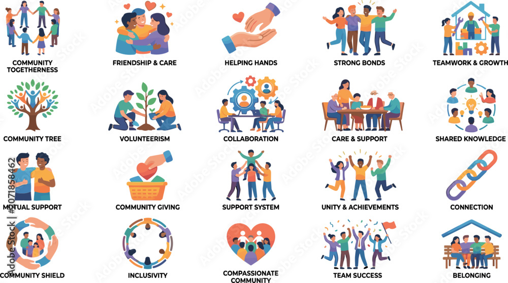 Fototapeta premium Community Togetherness and Social Support Icon Collection – 20 Relationship Illustrations