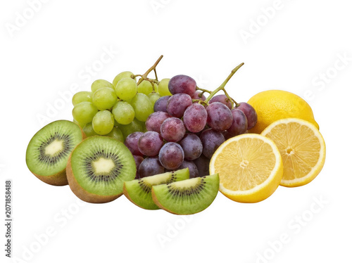 Assorted fresh fruits including kiwi slices green and red grapes and lemon halves with bright lighting isolated on transparent background