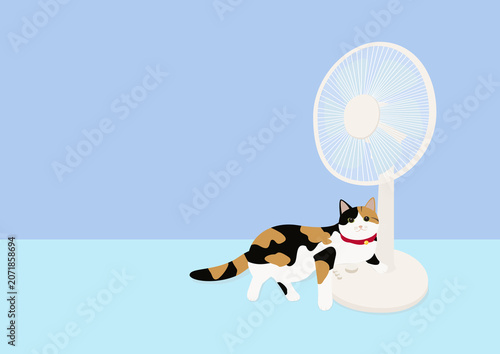 扇風機が好きなミケ猫