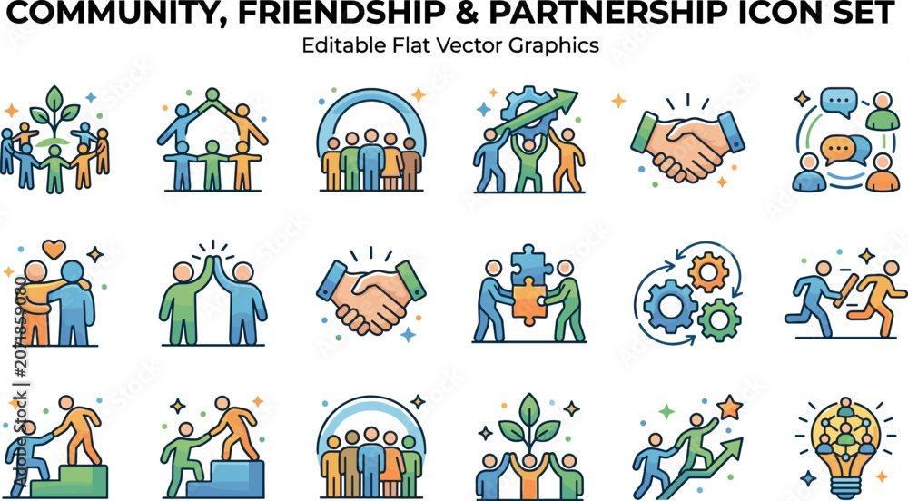 Fototapeta premium Community, Friendship and Partnership Icon Set – Editable Flat Vector Graphics