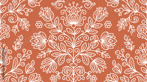 Bild auf Leinwand The intricate Hand drawn pattern features ornate floral designs on a vibrant orange background with swirling leaves and flowers