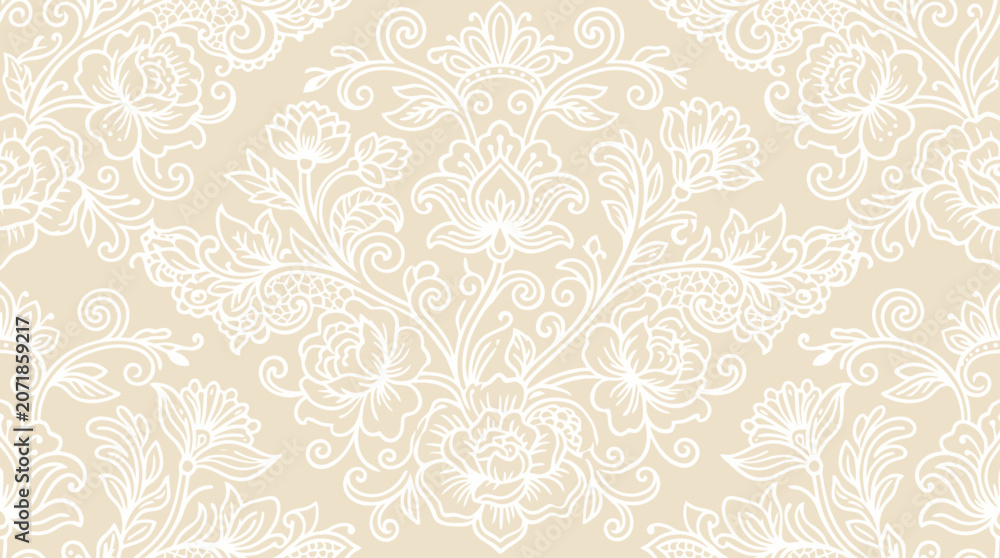 Fototapeta premium The Hand drawn pattern features a beautiful floral design on a beige background