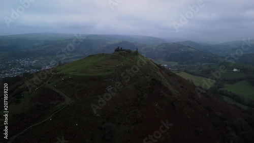 Aerial View of Castell Dinas Brân Ruins Overlooking Llangollen Valley, Wales
