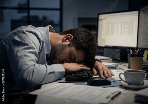 Exhausted Tired Businessman Sleeping on Office Desk With Computer and Coffee at Night
