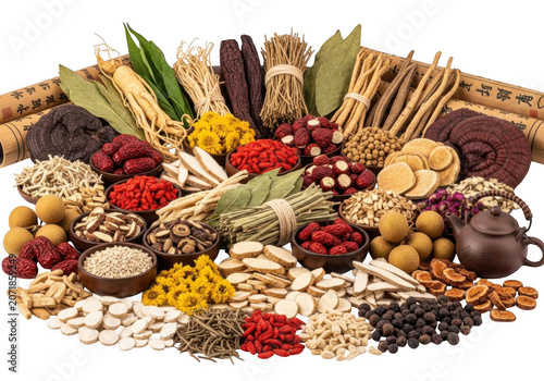 Assortment of Traditional Chinese Medicine herbs and ingredients arranged abundantly with ancient scrolls in studio lighting Isolated on transparent background