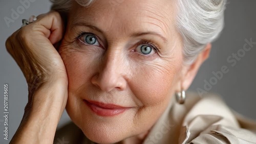 Timeless Elegance: A striking portrait of an elegant elderly woman with silver hair and captivating blue eyes, her gaze conveying wisdom and serene confidence.