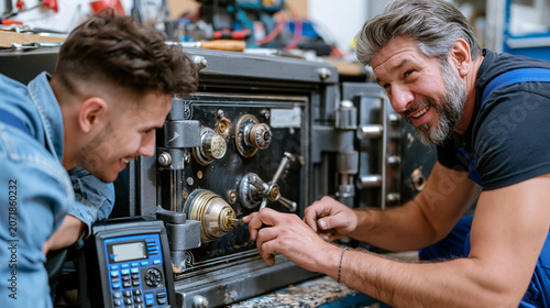 Locksmith kneeling beside a vintage safe with a modern digital key decoder beside it on a worn workshop floor, problem resolution concept for security consulting, intergenerational craftsman and app