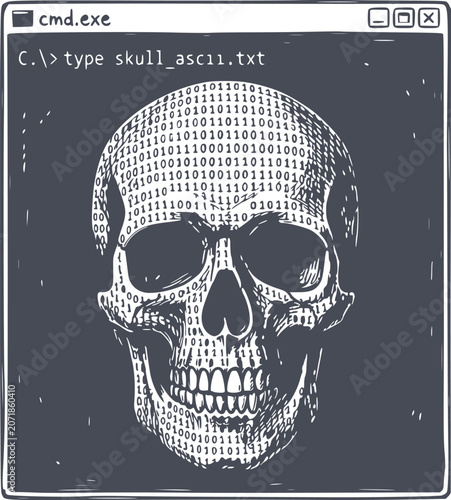 hand drawn skull illustration with binary code on dark navy background no white fills included for technology and cybersecurity concepts