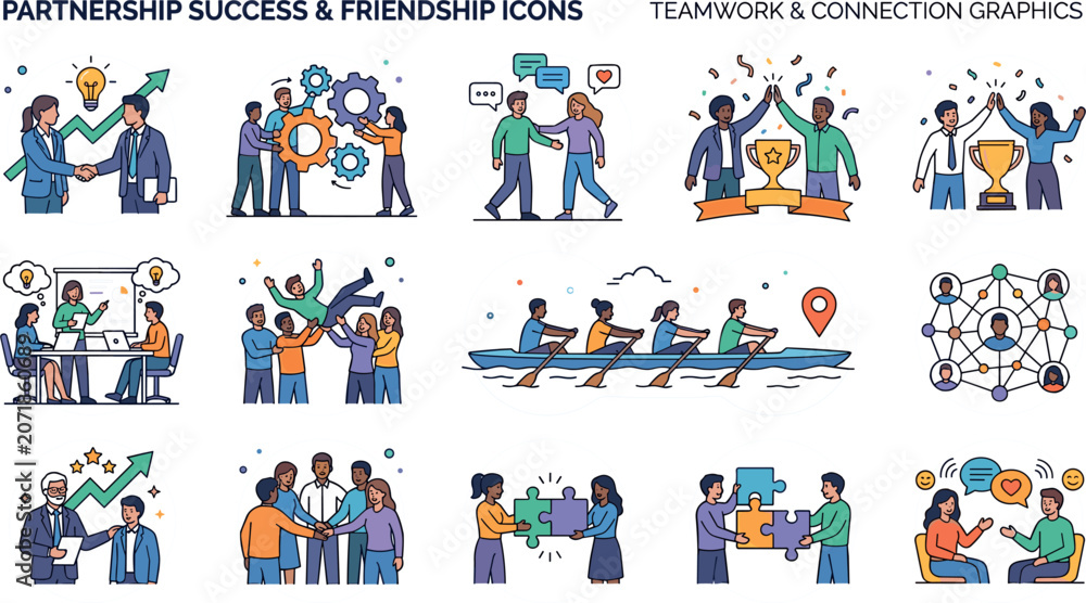 Fototapeta premium Partnership Success and Friendship Icons – 15 Teamwork and Connection Graphics
