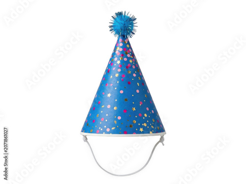 Blue party hat with colorful confetti and pompom during celebration isolated on transparent background