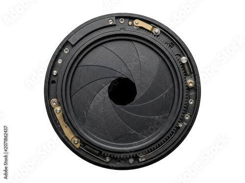 Camera aperture blades in open position during photography on isolated transparent background