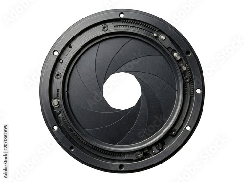 Camera aperture blades opening with selective focus and intricate mechanical detail isolated on transparent background