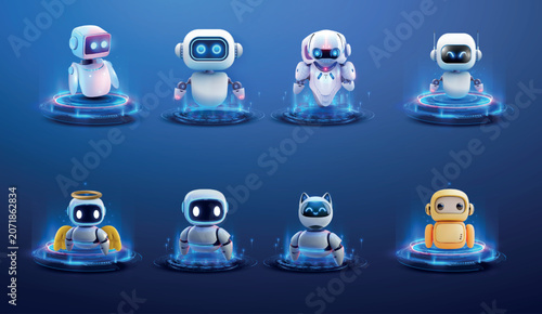 Принти на полотні Cute futuristic robot character set with glowing hologram bases