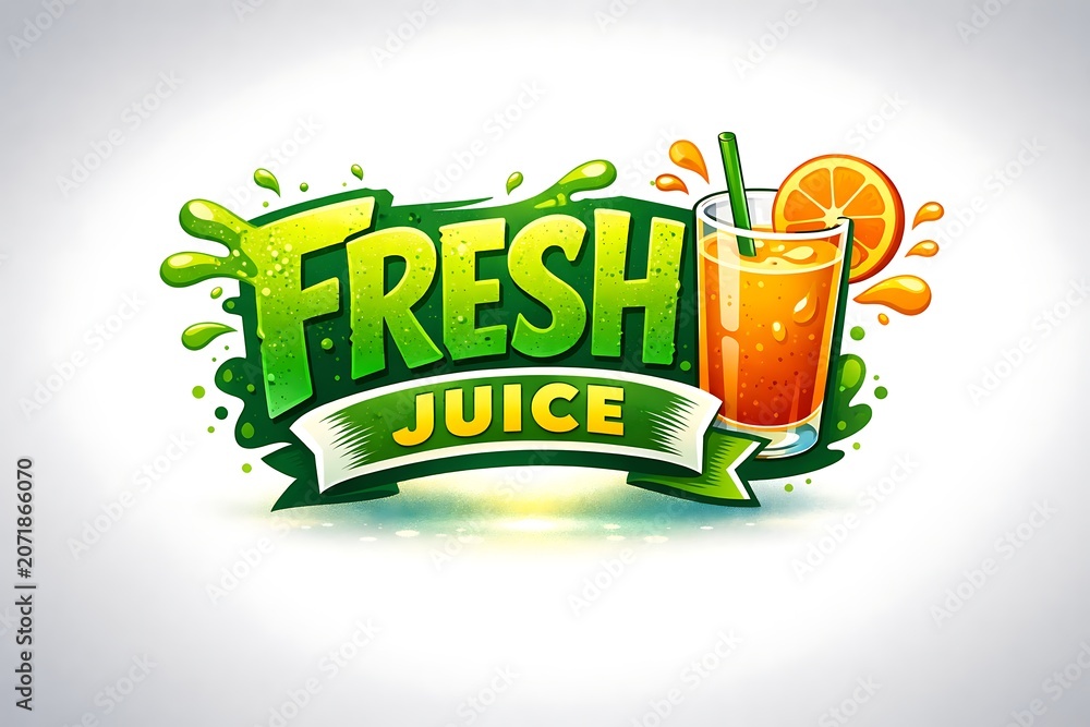 Naklejka premium Fresh juice logo design with a glass of orange juice and green splash isolated on white background
