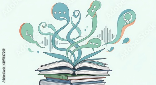 Open book with floating speech bubbles representing storytelling and communication.