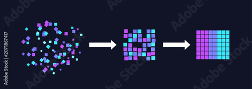 Data aggregation process flat illustration dark navy background.