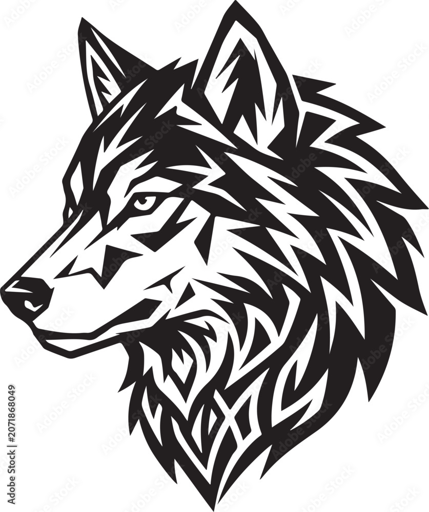 Fototapeta premium Black and white tribal wolf head illustration for logo design and tattoo art