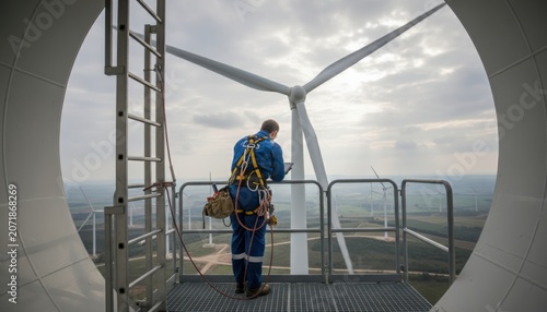 Professional wind turbine technician performing maintenance on a high tower platform at a wind farm during sunset