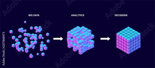 Big data analytics cube illustration purple blue on dark.