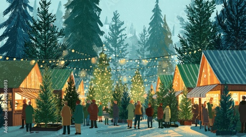  Christmas tree market with festive lights and fresh trees.
