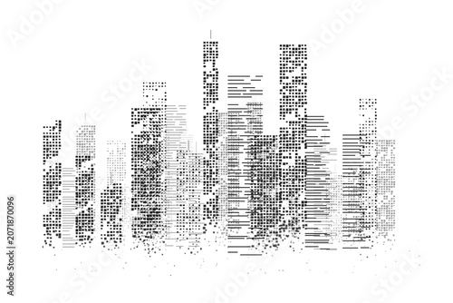 Abstract city skyline dot and line composition black on white.