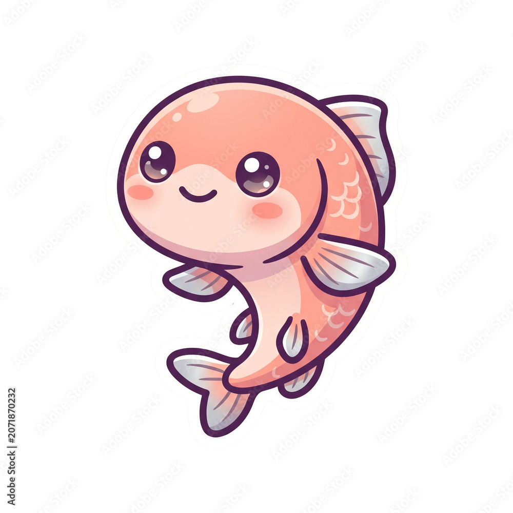 Fototapeta premium Cute Salmon Fish Character with Happy Expression and Kawaii Aesthetic Illustration