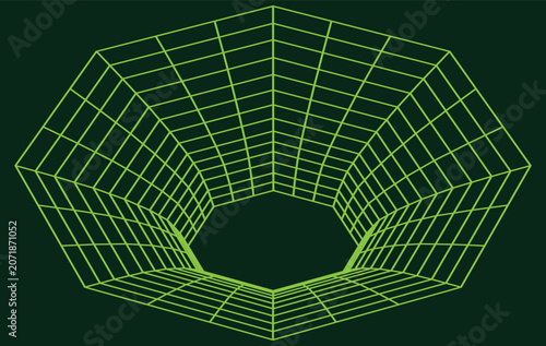 3D Neon Green Octagonal Grid Funnel Wireframe Vector.