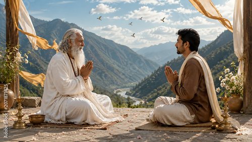 Guru purnima teacher and disciple offering namaste on mountain terrace for hindu relegious festival devotion blessing wisdom respect and sacred tradition celebration