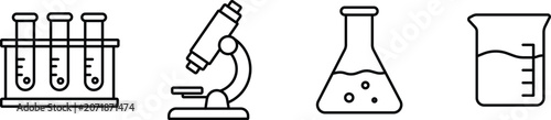 Laboratory equipment icons including test tubes microscope flask and beaker