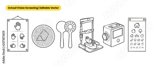 Bild auf Leinwand School vision screening vector icon set featuring pediatric eye test equipment, black line art illustration of ophthalmology medical tools, color blindness test, and kids visual acuity chart exam set