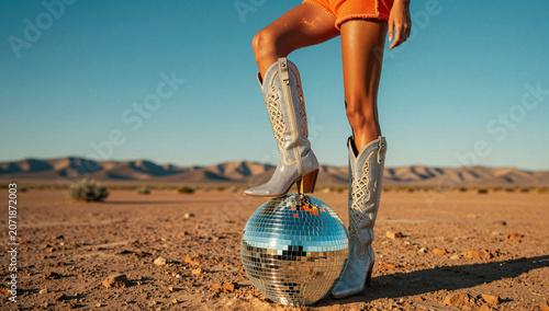 Cowgirl boots on a disco ball in the desert.