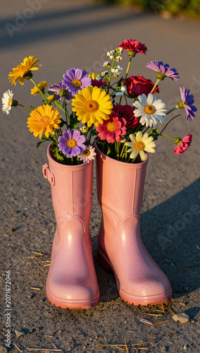 Pink boots holding a vibrant bouquet of colorful flowers.