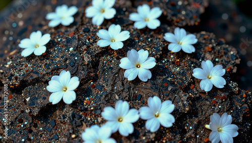 Tiny white flowers bloom on dark, textured rock.