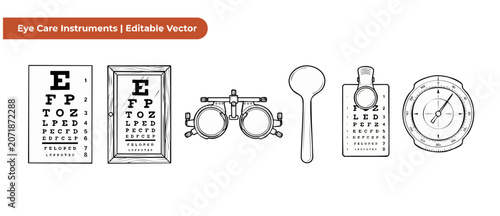 Foto Eye exam instruments vector set of ophthalmic testing equipment including Snellen chart, trial frame glasses, occluder, and medical diagnostic tools for optometry clinic and vision health checkups