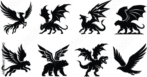 Photos Mythical creatures and winged beasts black silhouette icon set isolated on white