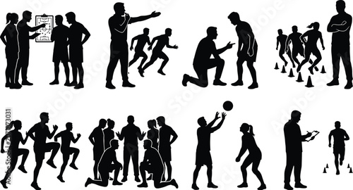Sports Coach and Athlete Silhouette Icons Set for Training Team Strategy and Fitness Workouts