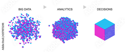 Big data to decisions infographic flat illustration dark navy.