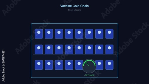 Vaccine cold chain monitoring dashboard: ultra-low temperature storage and safety gauge animation medical